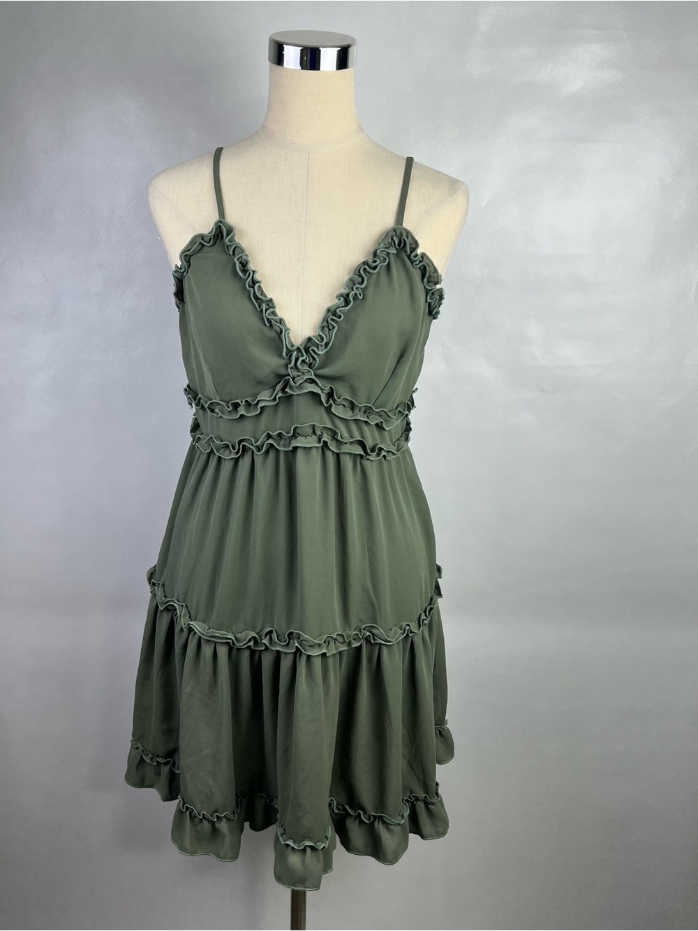 Inspired Hearts Women Olive Green Ruffled Tiered Spaghetti Strap Dress Sz L